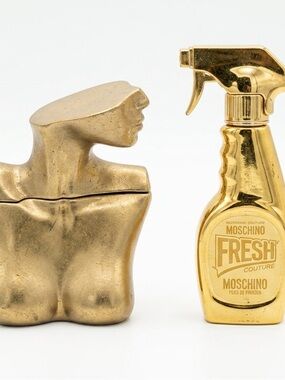 Moschino Gold Metallic Spray Bottle and Sculptural Trinket